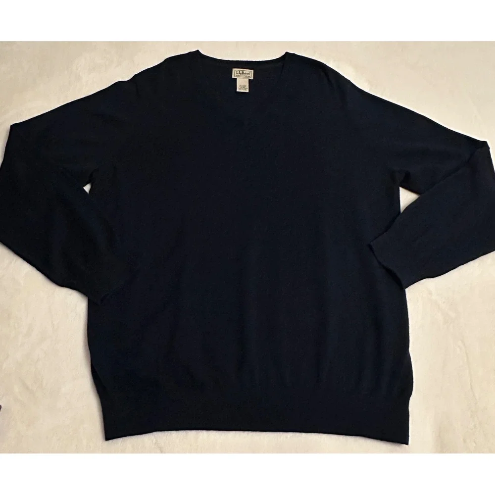 LL Bean Mens XL Navy Blue Cotton Cashmere V-Neck Sweater work Casual layer
